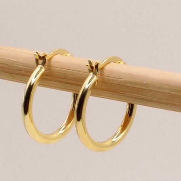 14K Gold Plated 925 Sterling Silver Medium Hoop Earrings - Picture 2 of 7